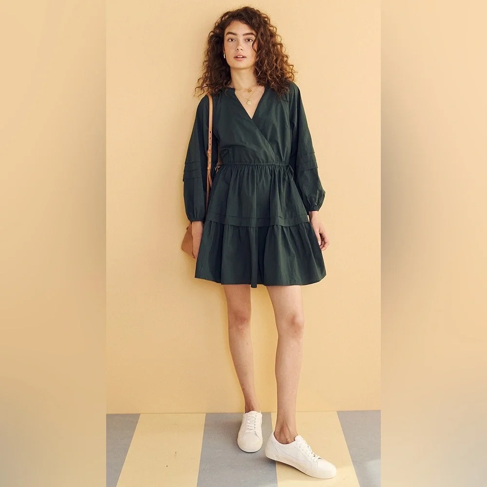 Madewell Crinkled Poplin Wrap Mini Dress, Size S, Dark Green